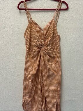 Zara Peach Gingham Knot-Front Midi Dress